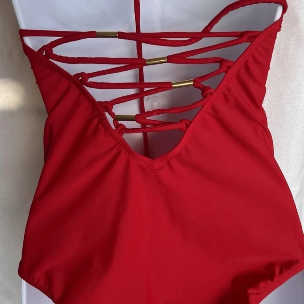 Venus One Piece Swimsuit Red w/ Gold Accents Strappy Back Sz 8 - Picture 2 of 7